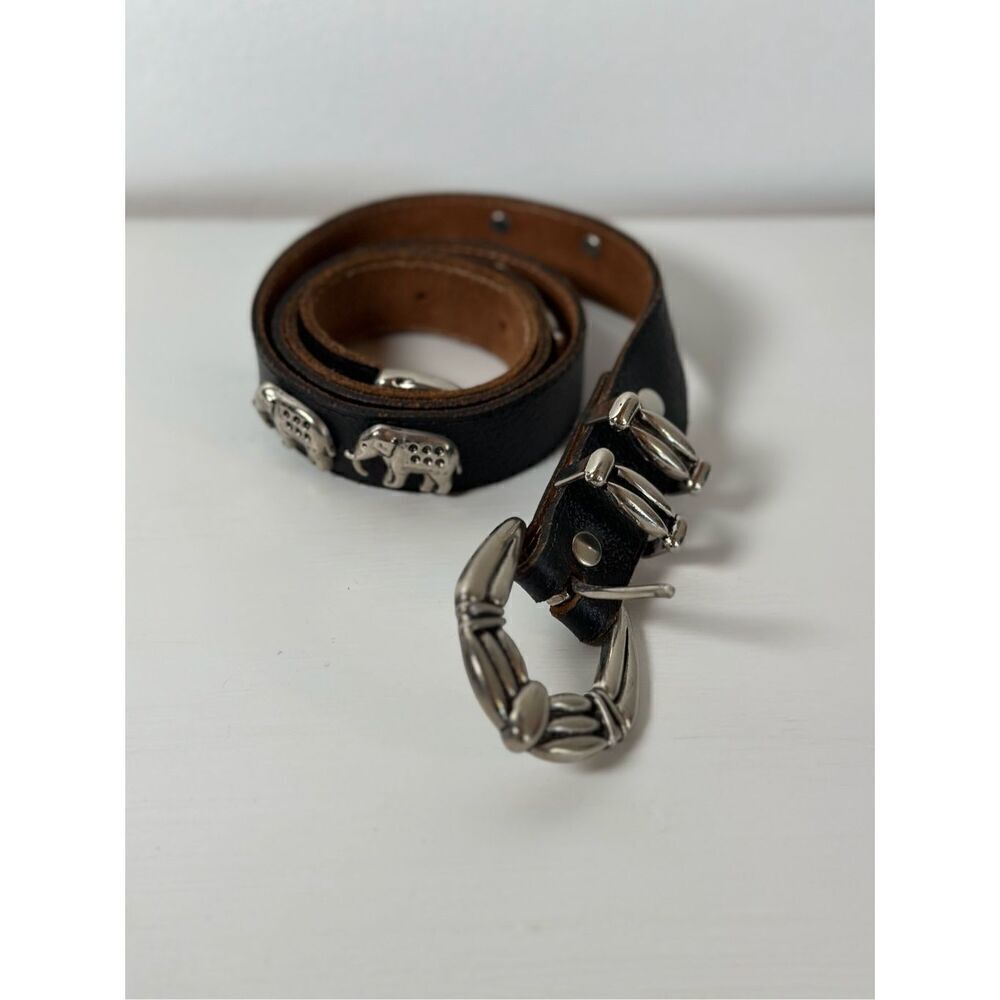Elephant black 2” genuine leather women’s belt silver buckle size M/L #M-1573